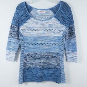 Cotton Country 3/4 Sleeve Crochet Knit‎ Sweater Womens Medium Blue Coastal Boho